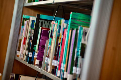 Shelf full of books all lined up neatly