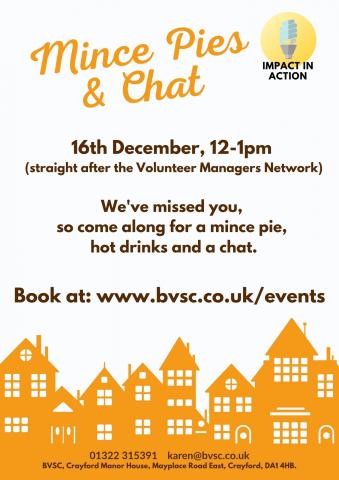 Invite to Minced pies and chat on 16th Dec 2021, 12-1pm. Call 01322 315391